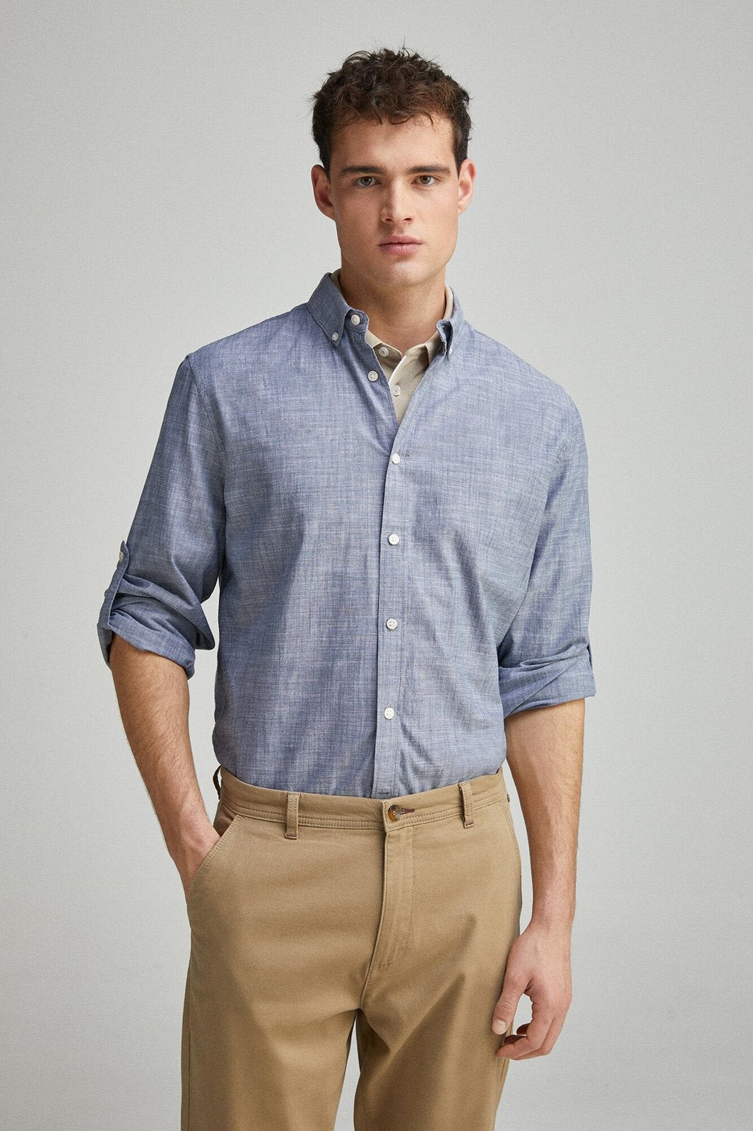 Springfield Plain slub cotton shirt - Blue 3 Shaws Department Stores