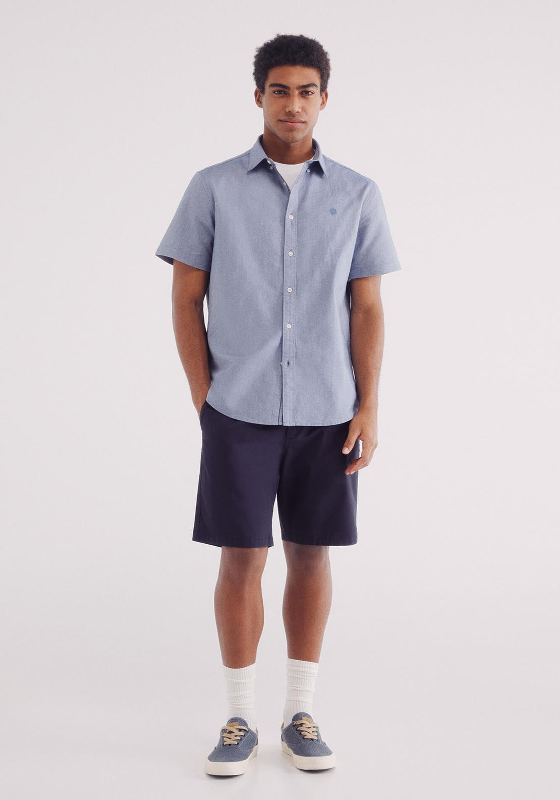 Springfield Pinpoint Short-Sleeved Shirt - Blue 4 Shaws Department Stores