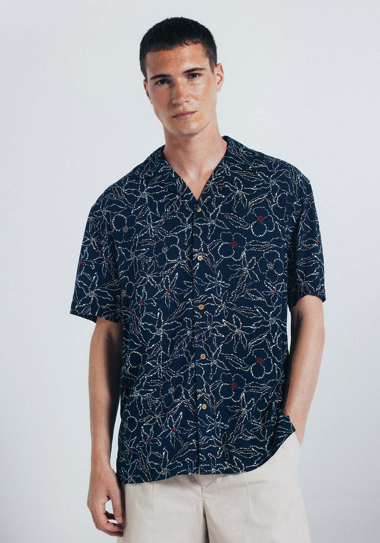 Print Viscose Short Sleeve Shirt - Blue