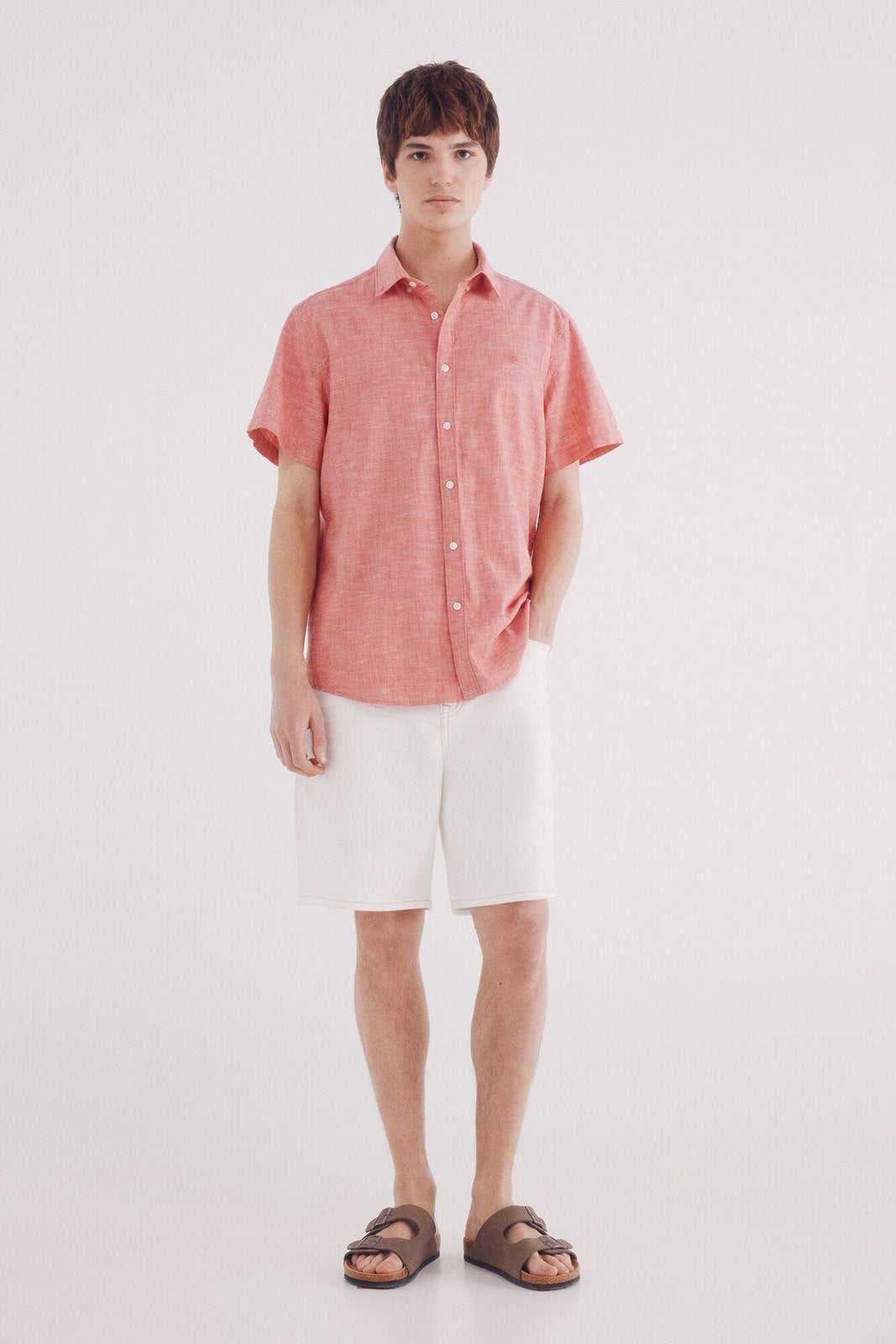 Springfield Short Sleeve Linen Effect Shirt - Red 1 Shaws Department Stores