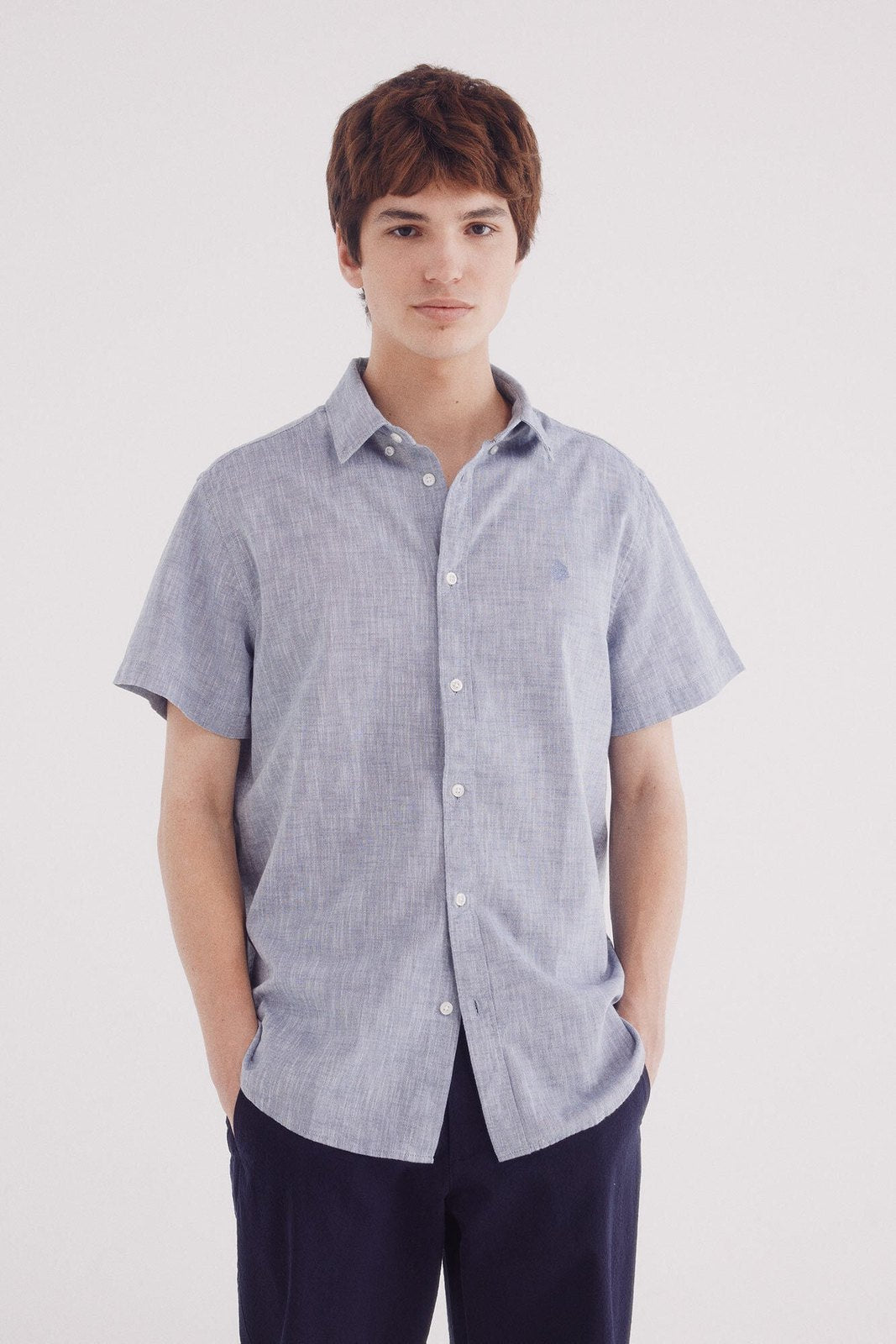 Springfield Short Sleeve Linen Effect Shirt - Blue 1 Shaws Department Stores