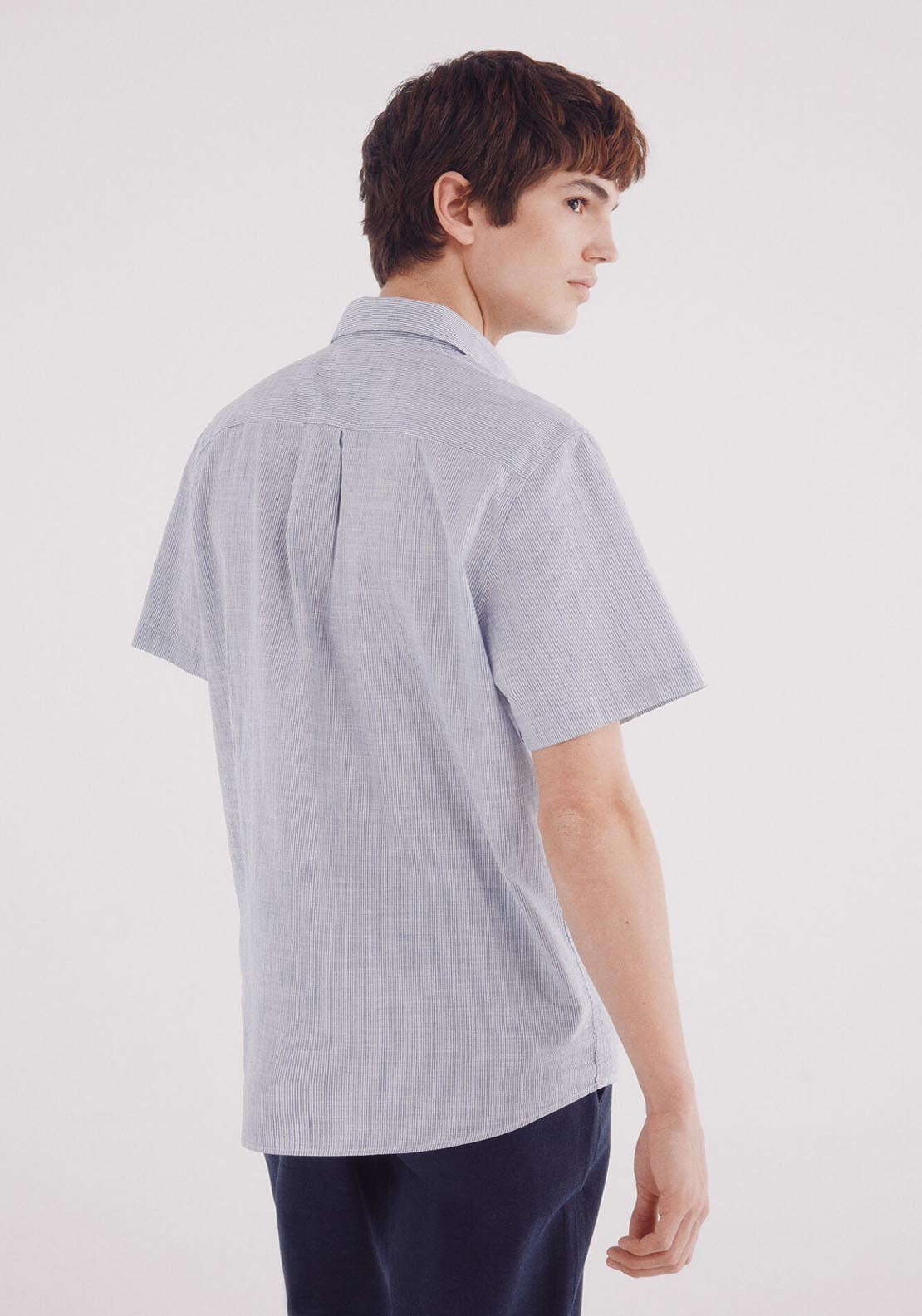 Springfield Short Sleeve Cotton Slub Micro-Stripe Shirt - Blue 2 Shaws Department Stores