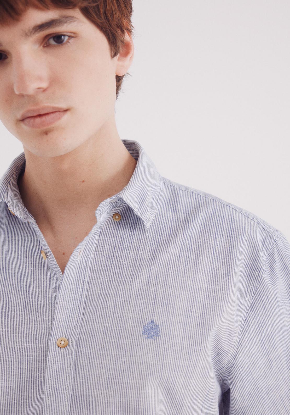 Springfield Short Sleeve Cotton Slub Micro-Stripe Shirt - Blue 3 Shaws Department Stores