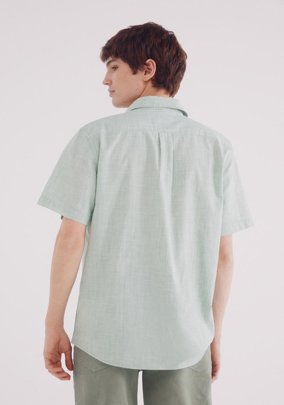 Springfield Short Sleeve Cotton Slub Micro-Stripe Shirt - Green 2 Shaws Department Stores