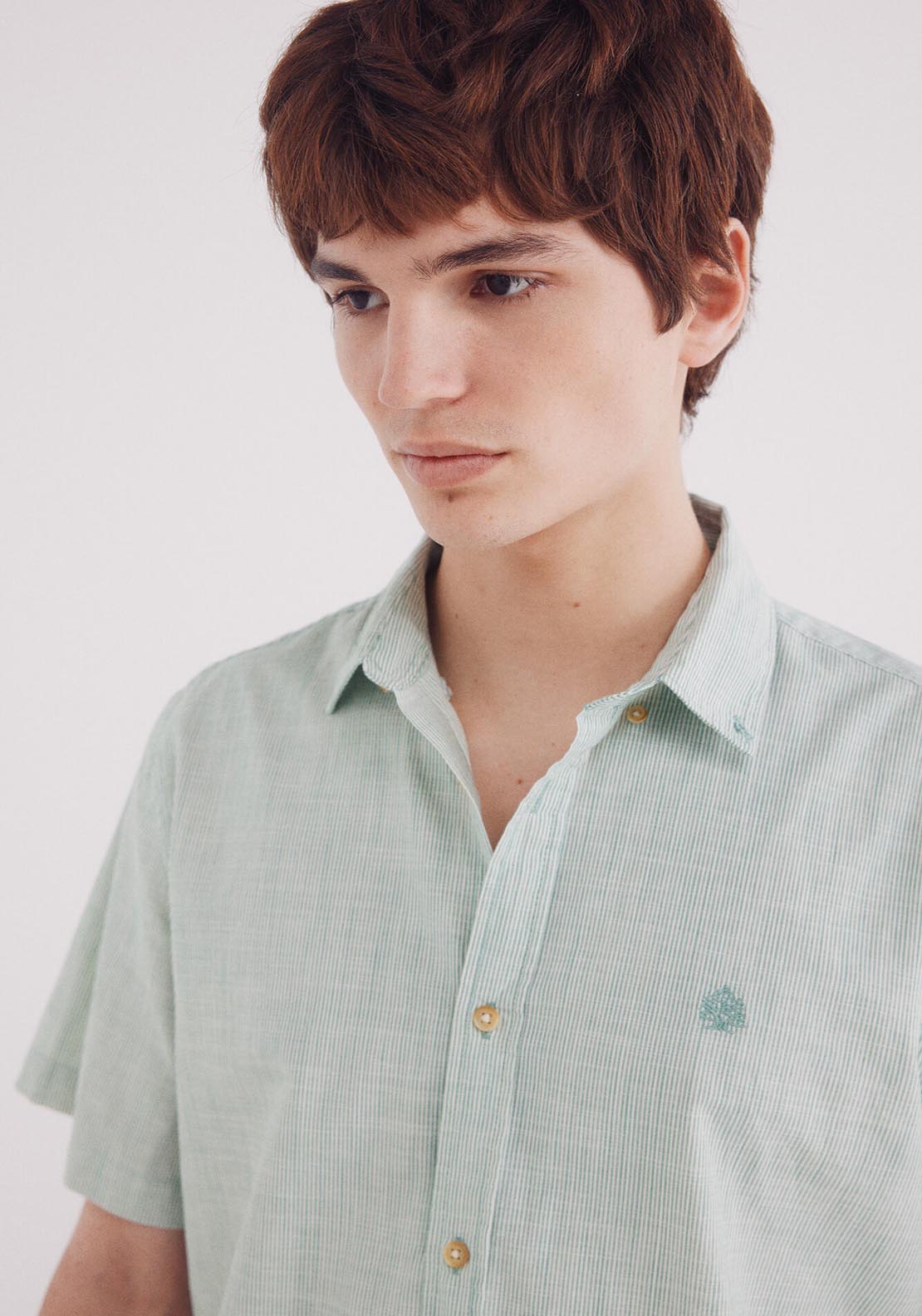 Springfield Short Sleeve Cotton Slub Micro-Stripe Shirt - Green 3 Shaws Department Stores