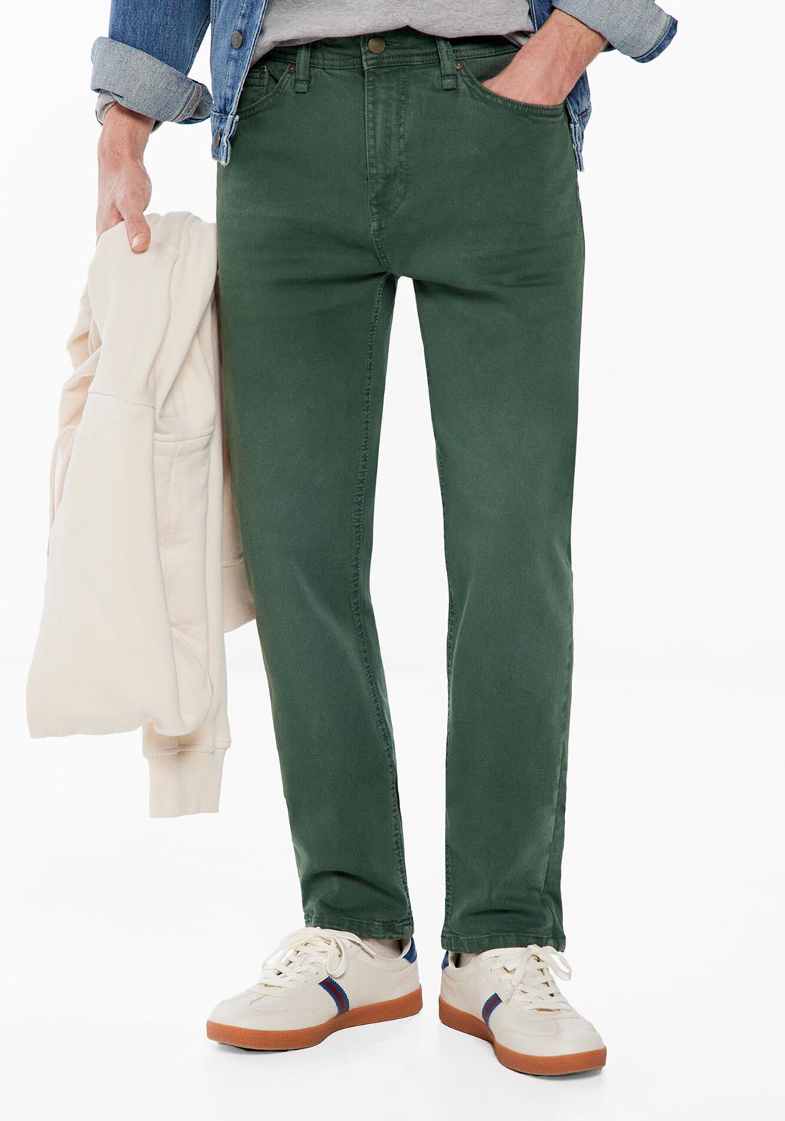Springfield Slim fit washed 5-pocket coloured trousers - Green 1 Shaws Department Stores