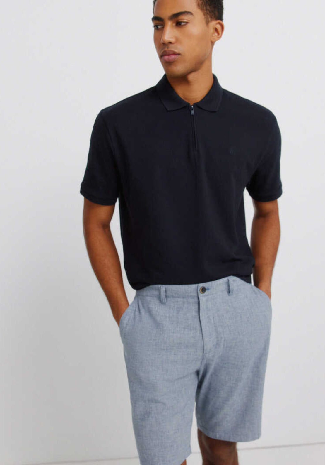Dobby Linen Blend Comfort Fit Bermuda Shorts - Blue