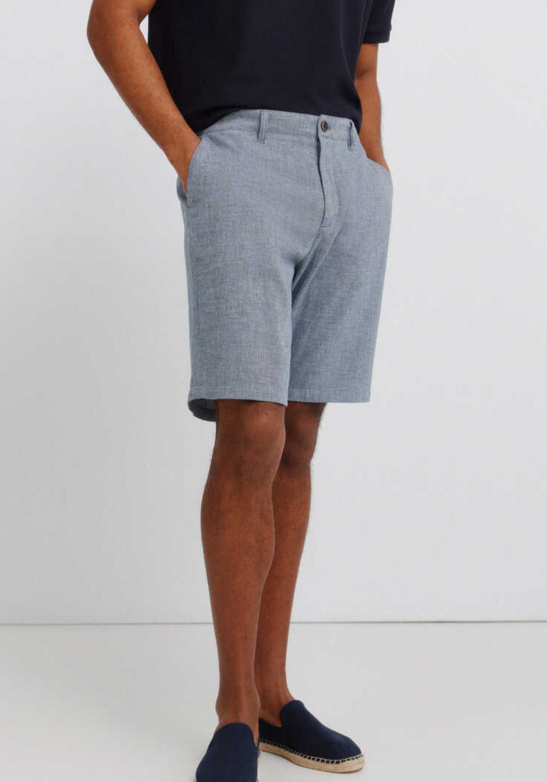 Dobby Linen Blend Comfort Fit Bermuda Shorts - Blue