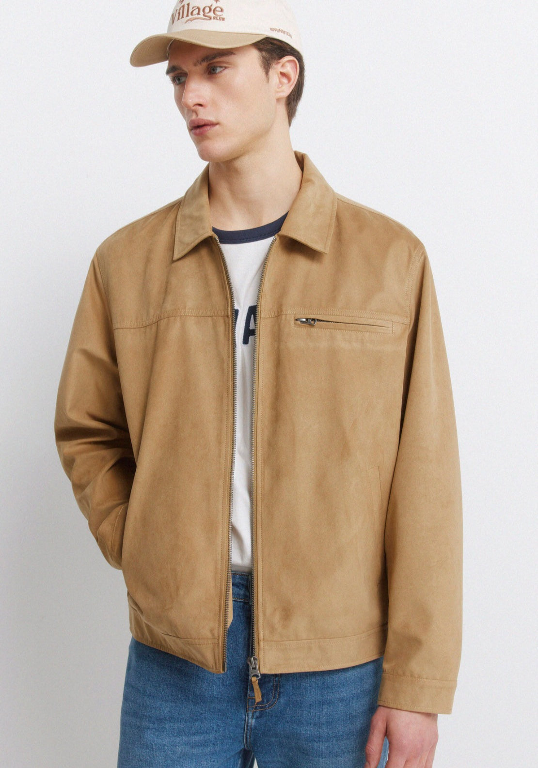 Faux Suede Trucker Jacket - Beige/camel