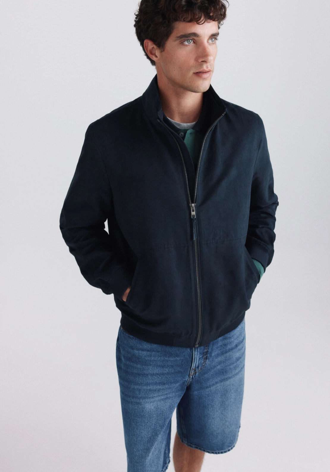 Suede Funnel Jacket - Blue