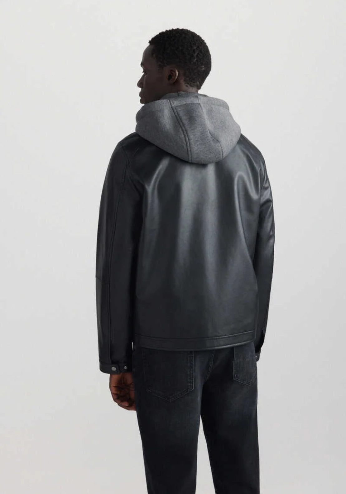 Faux Leather Hooded Jacket - Black