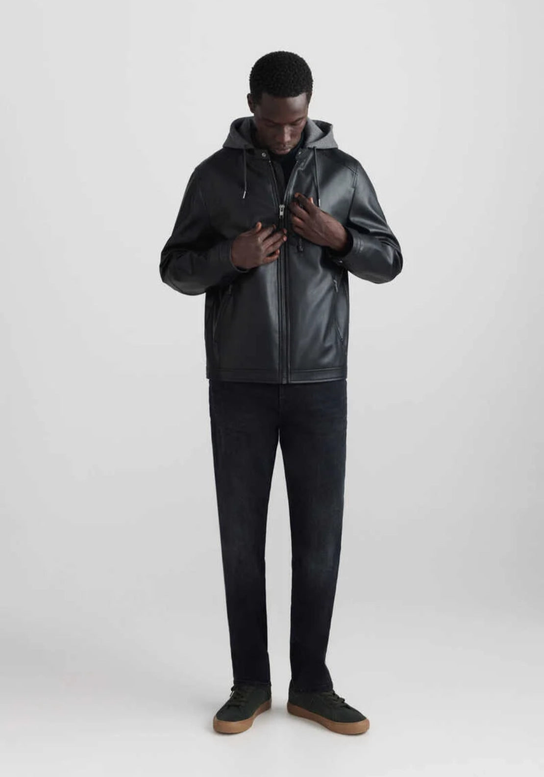 Faux Leather Hooded Jacket - Black