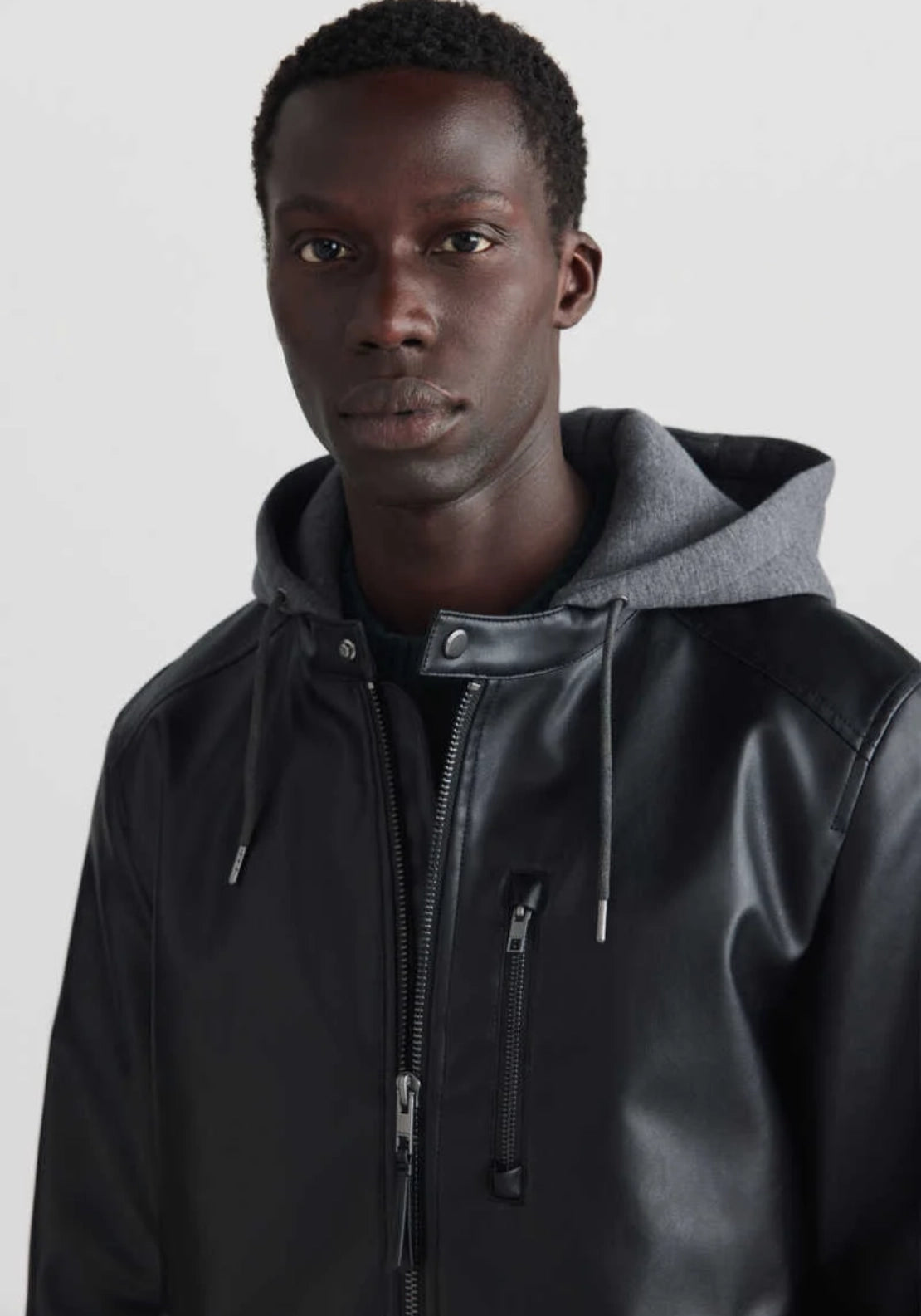 Faux Leather Hooded Jacket - Black