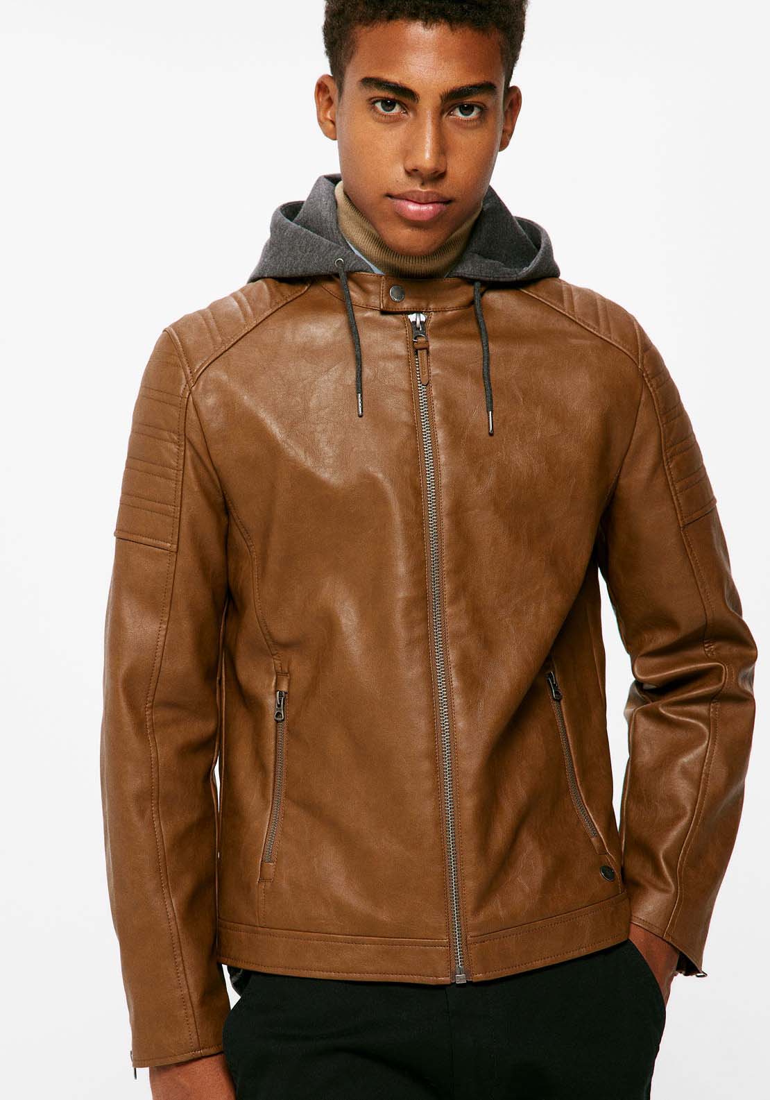 Springfield Faux leather biker jacket with hood - Tan 1 Shaws Department Stores