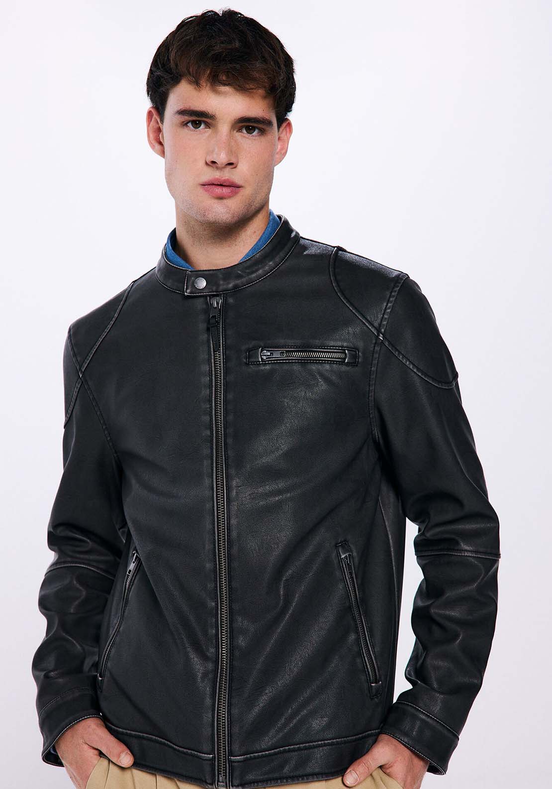 Springfield Washed leather effect biker jacket - Brown Print 4 Shaws Department Stores