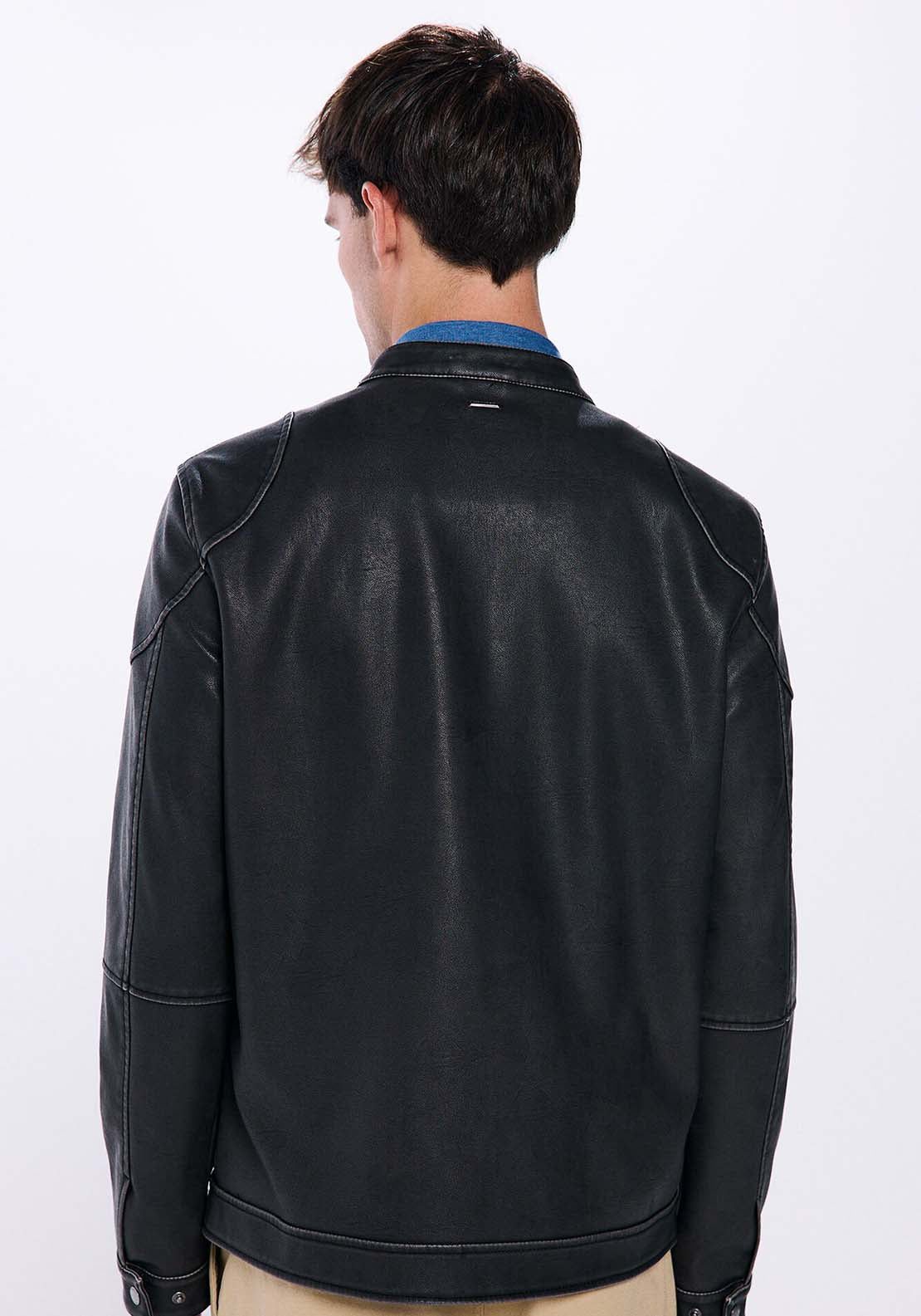 Springfield Washed leather effect biker jacket - Brown Print 2 Shaws Department Stores