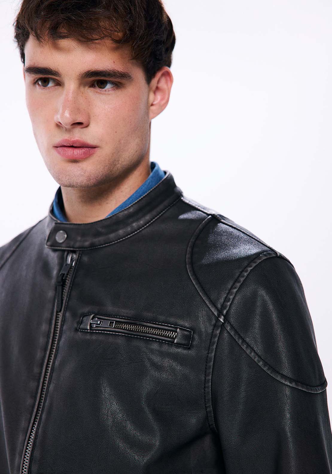 Springfield Washed leather effect biker jacket - Brown Print 3 Shaws Department Stores