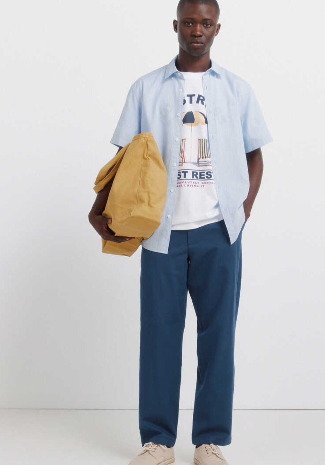 Linen Blend Short Sleeve Shirt - Blue