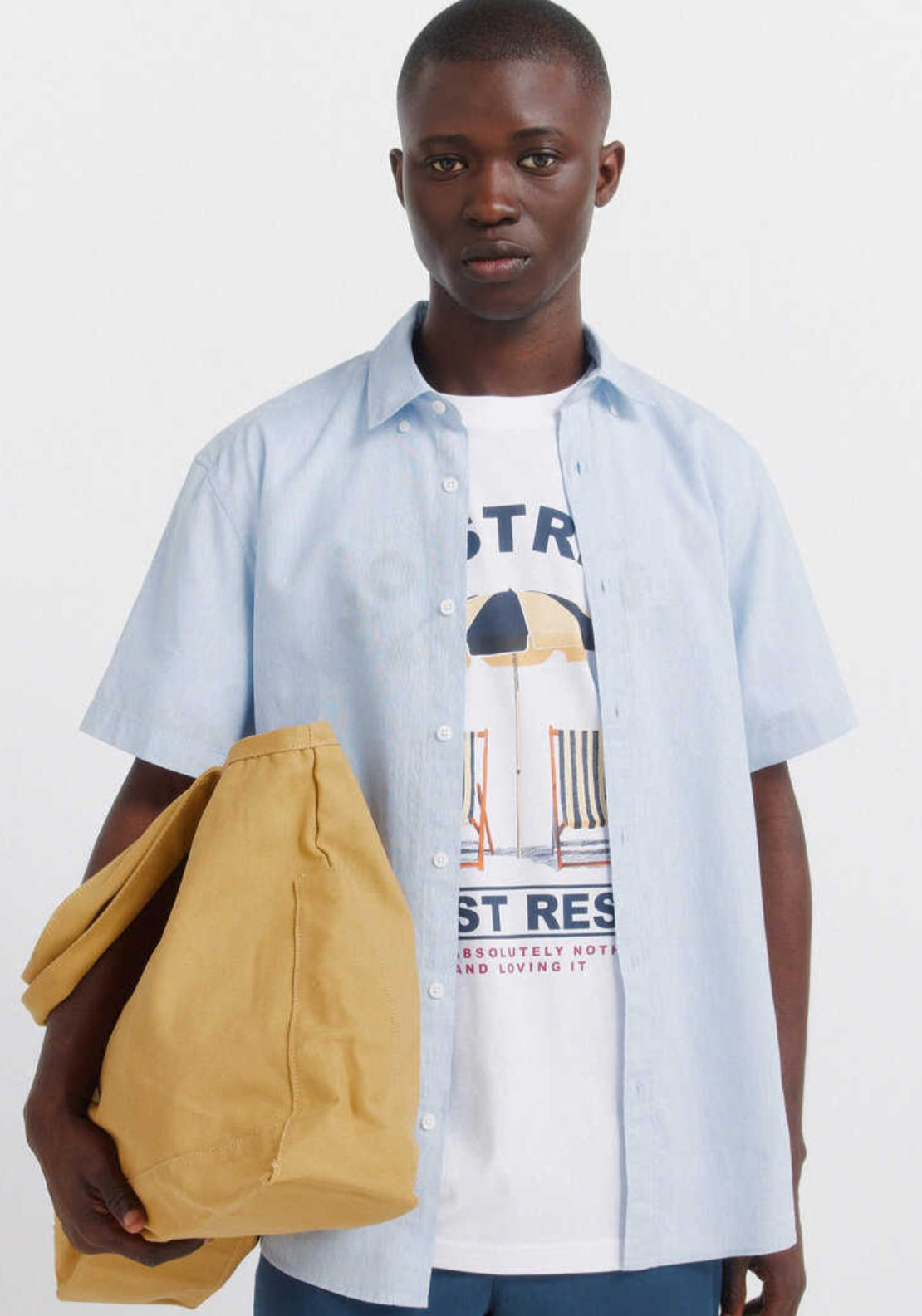 Linen Blend Short Sleeve Shirt - Blue