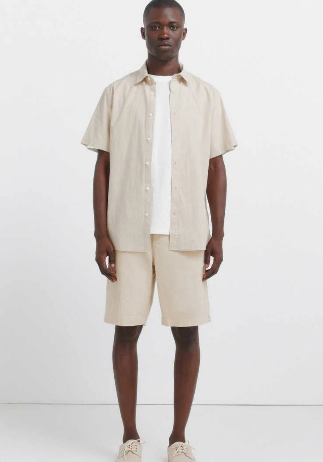 Linen Blend Short Sleeve Shirt - Beige