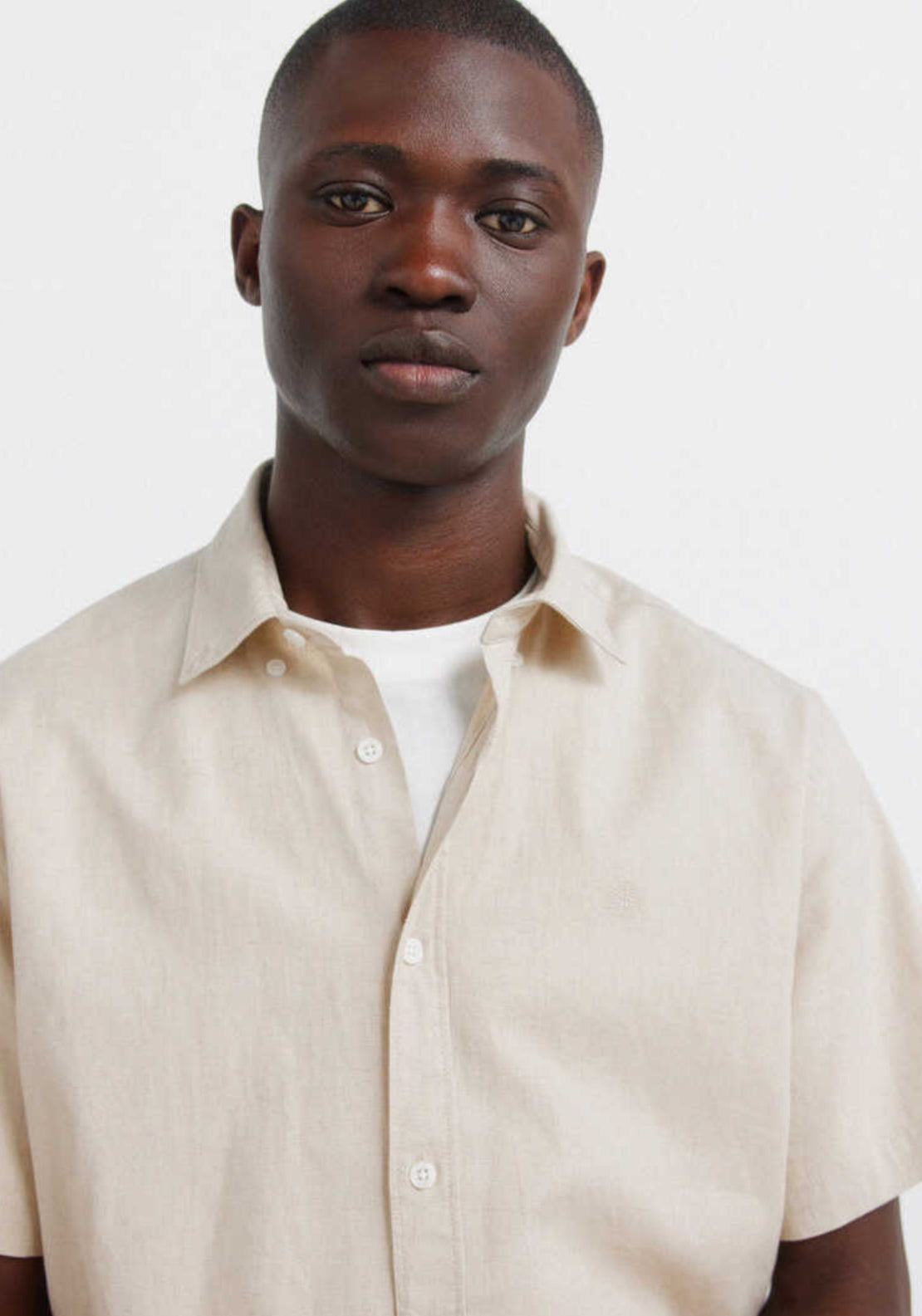 Linen Blend Short Sleeve Shirt - Beige
