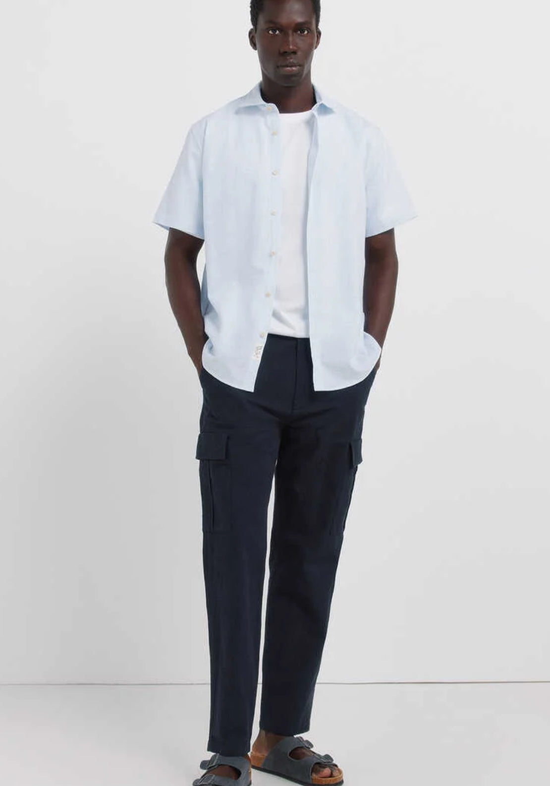 Striped Linen Blend Short Sleeve Shirt - Blue