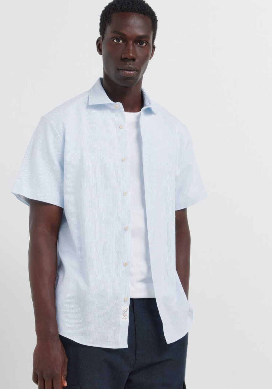 Striped Linen Blend Short Sleeve Shirt - Blue