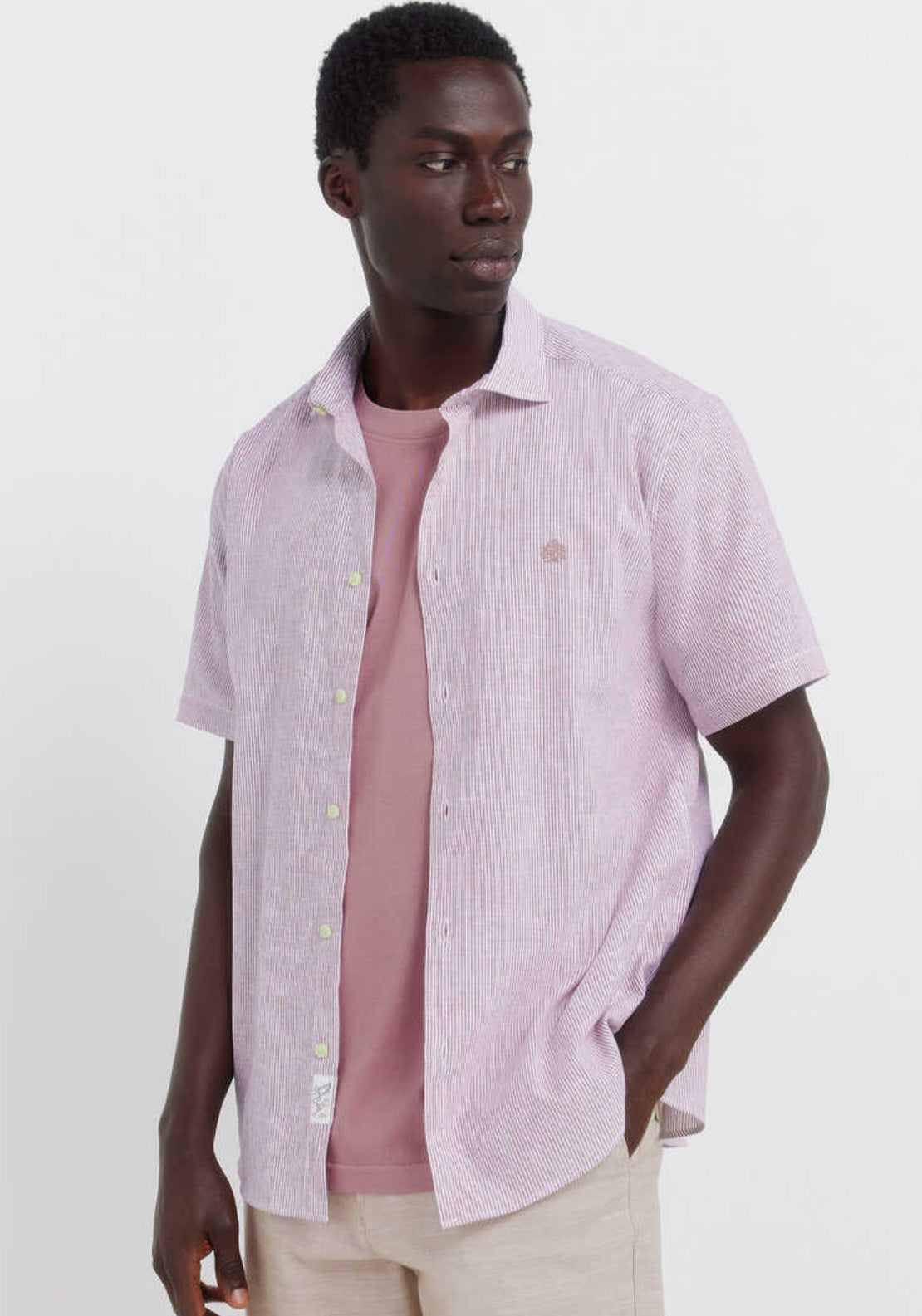 Striped Linen Blend Short Sleeve Shirt - Purple