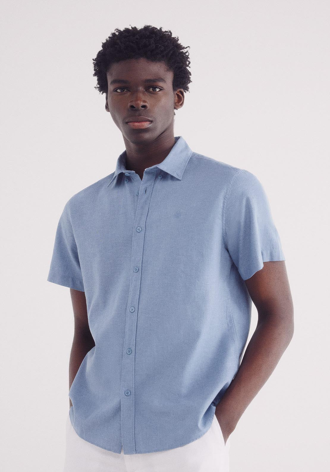 Springfield Linen Shirt With Short Sleeves - Blue 1 Shaws Department Stores