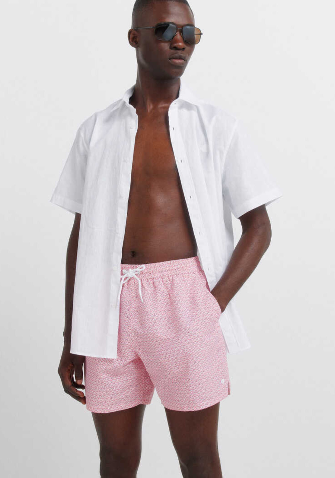 Geometric Print Zip Pocket Swim Shorts - Red
