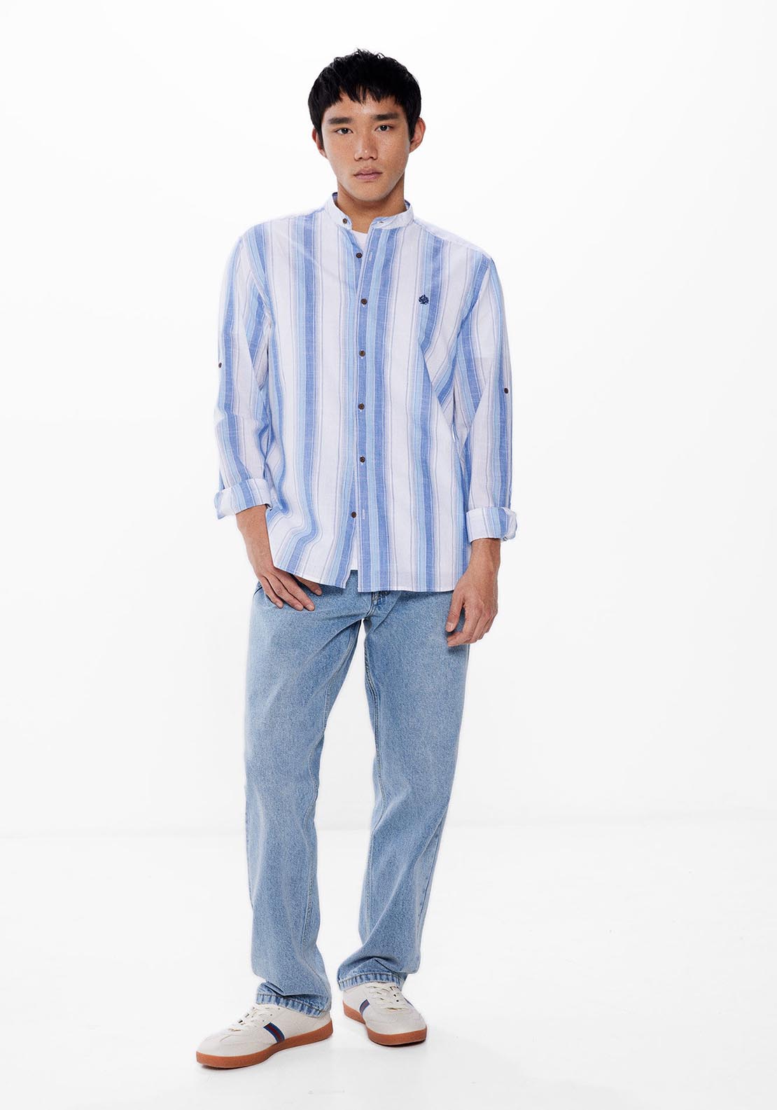 Springfield Long Sleeve Mao Stripe Shirt - Blue 1 Shaws Department Stores