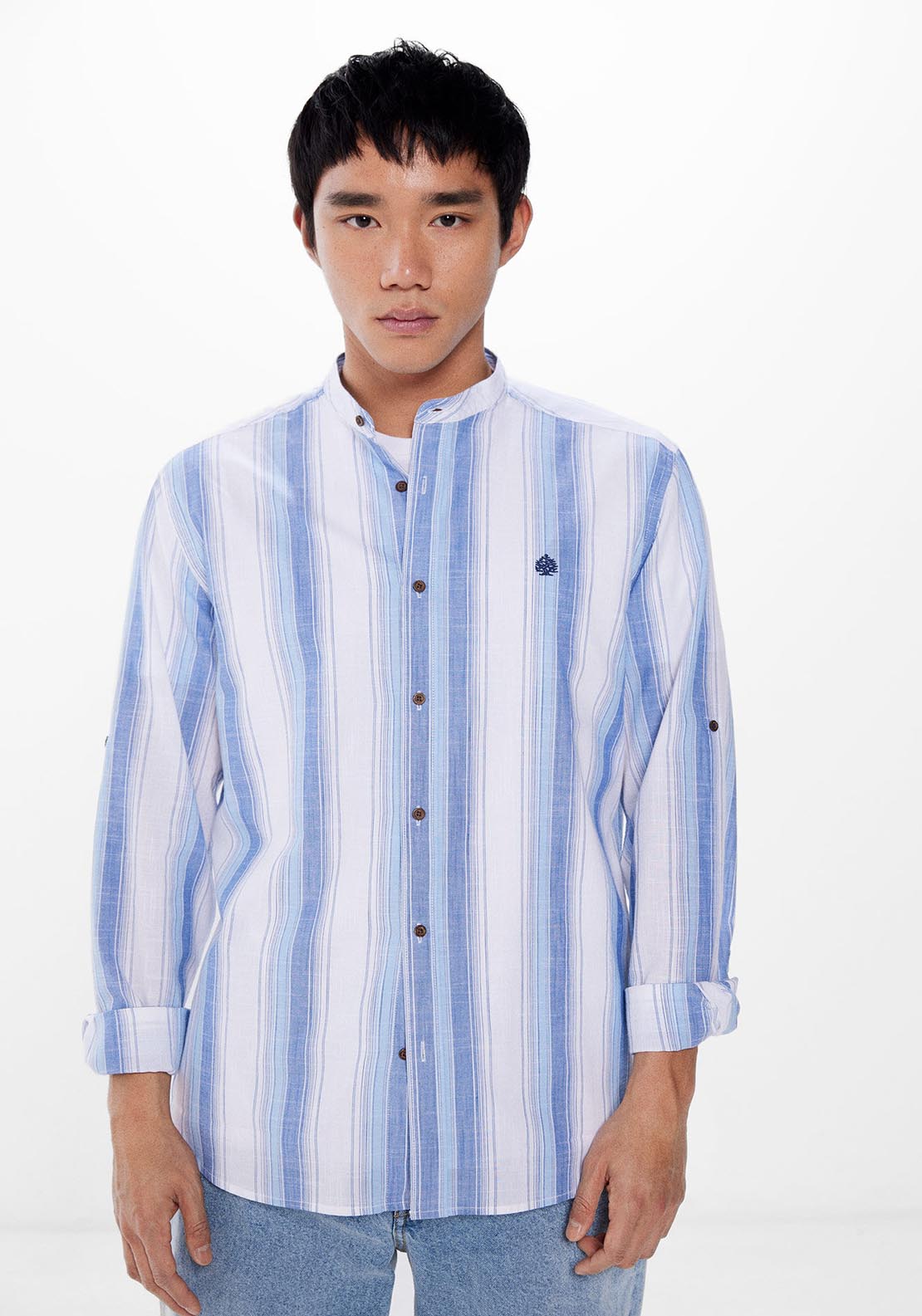 Springfield Long Sleeve Mao Stripe Shirt - Blue 2 Shaws Department Stores