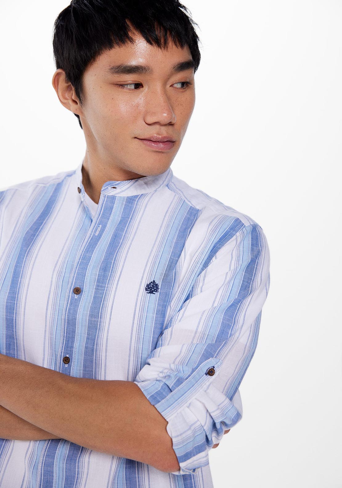 Springfield Long Sleeve Mao Stripe Shirt - Blue 4 Shaws Department Stores