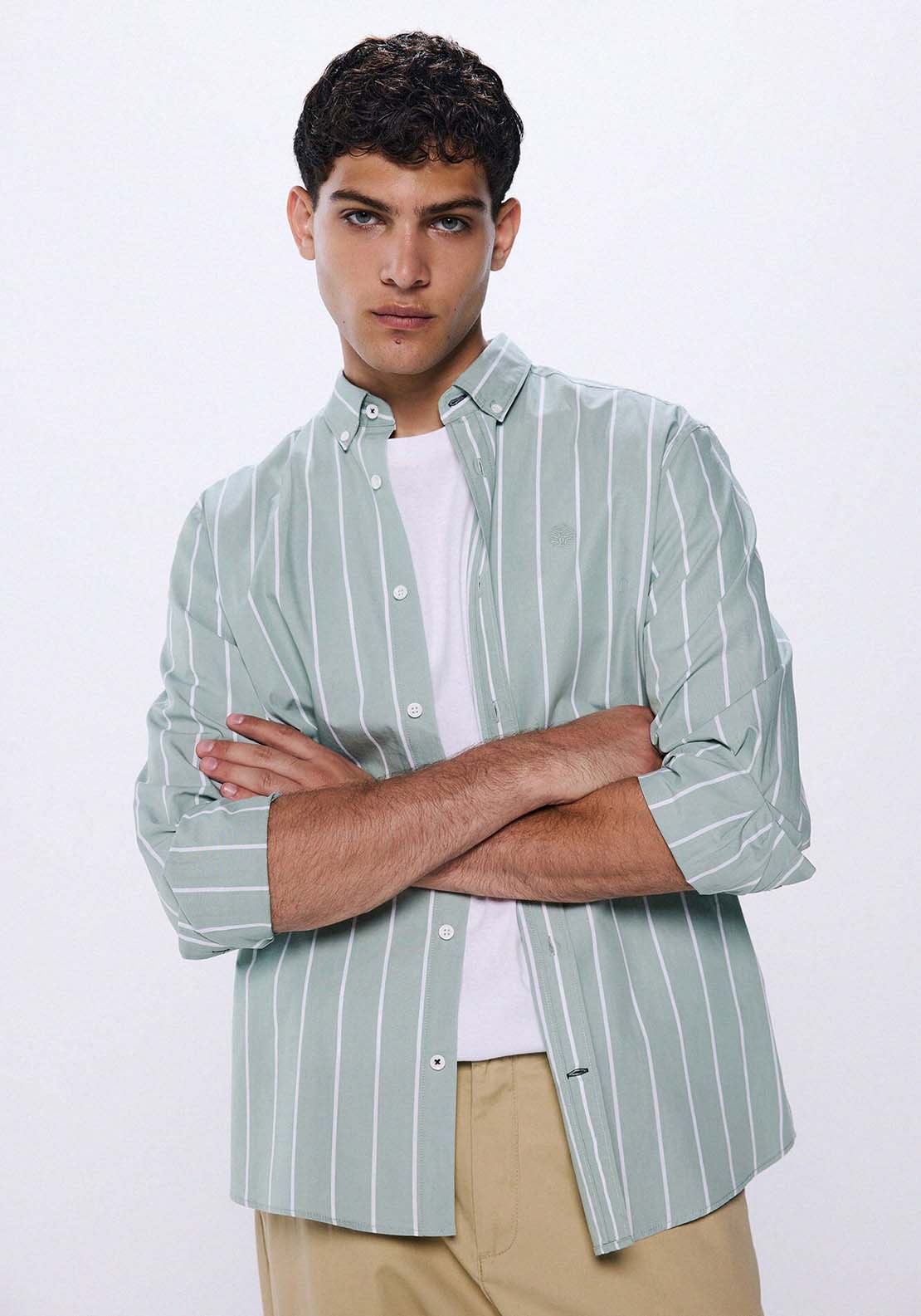 Springfield striped poplin shirt - Green 1 Shaws Department Stores