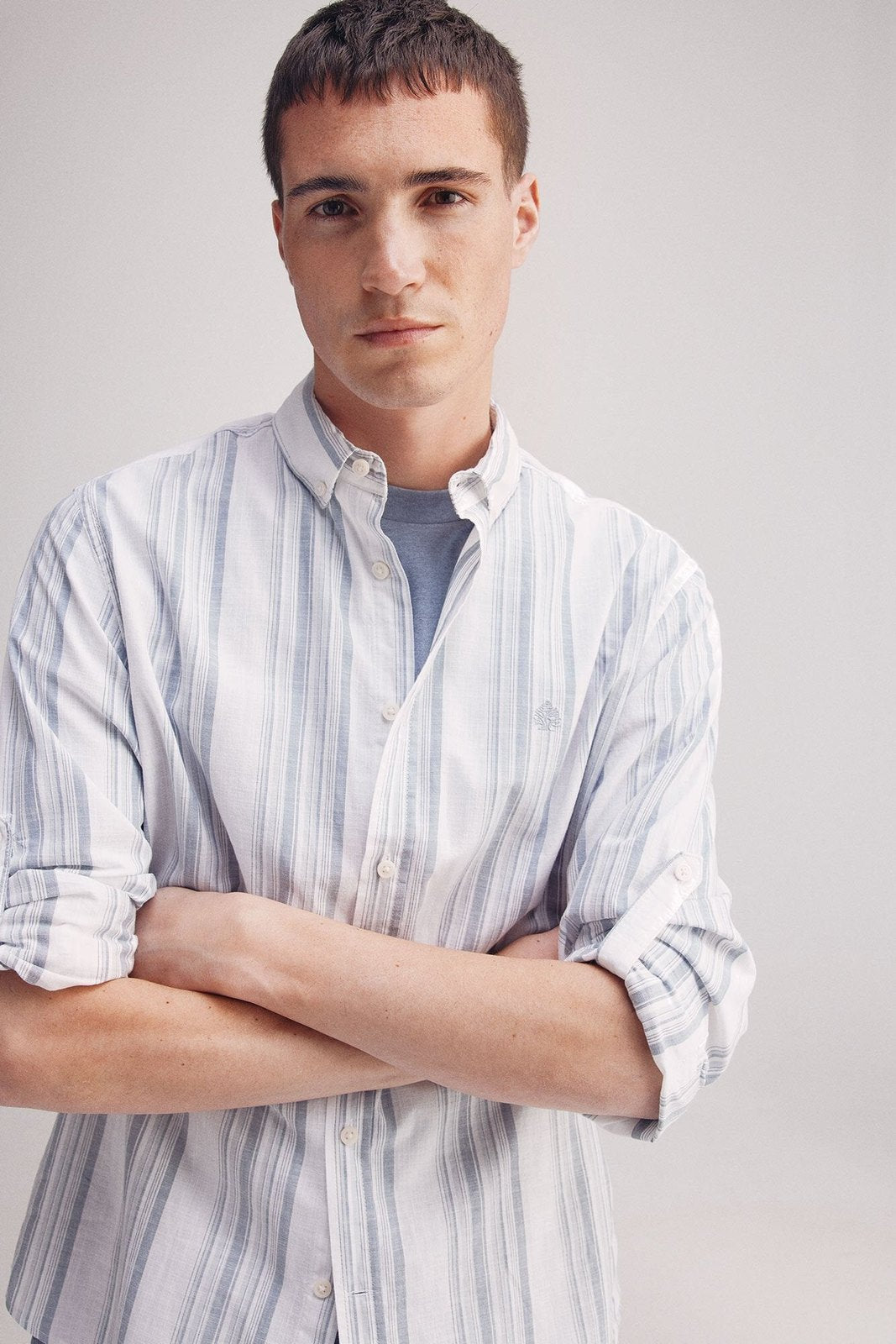 Springfield Slub cotton striped shirt - Blue 5 Shaws Department Stores