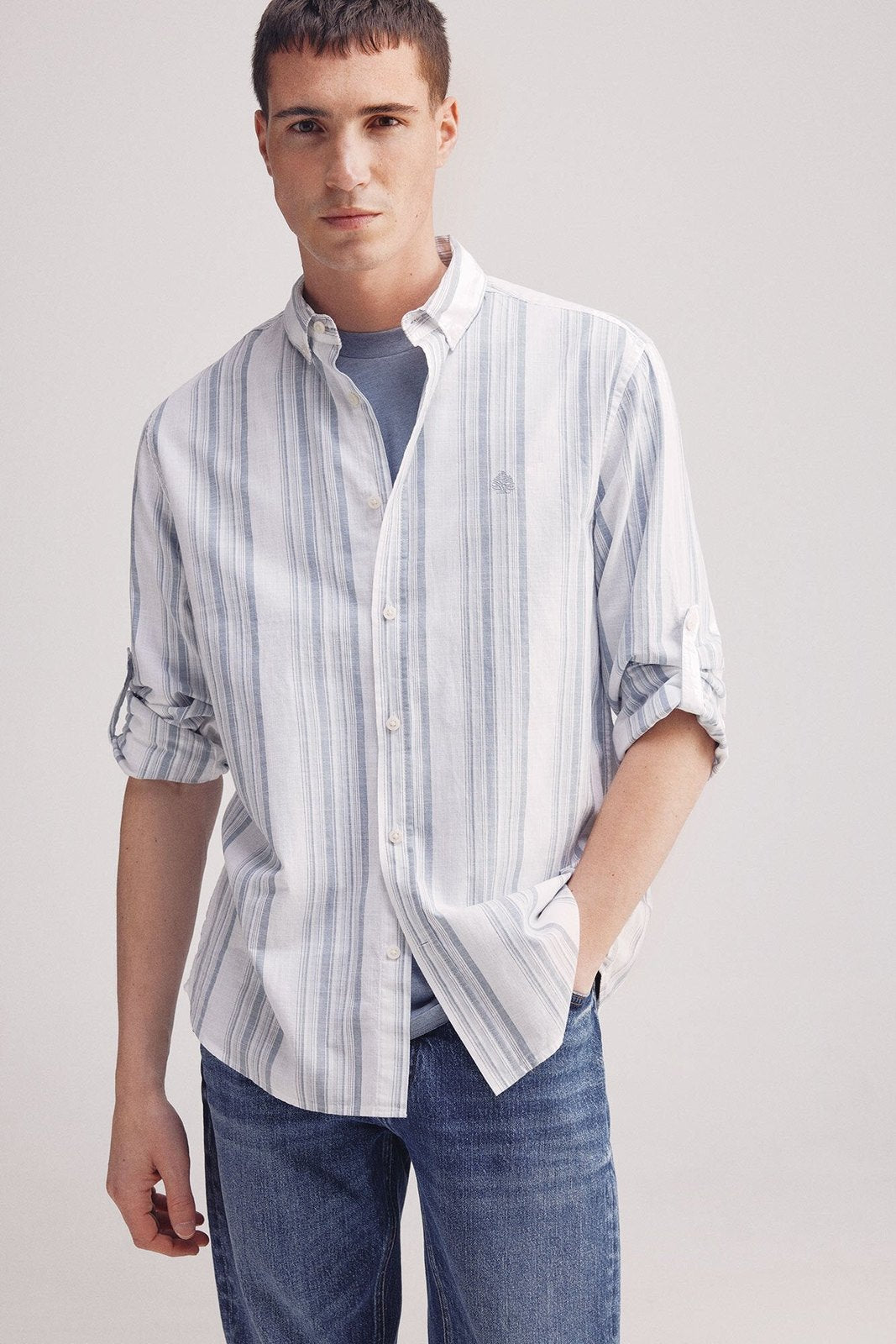 Springfield Slub cotton striped shirt - Blue 2 Shaws Department Stores