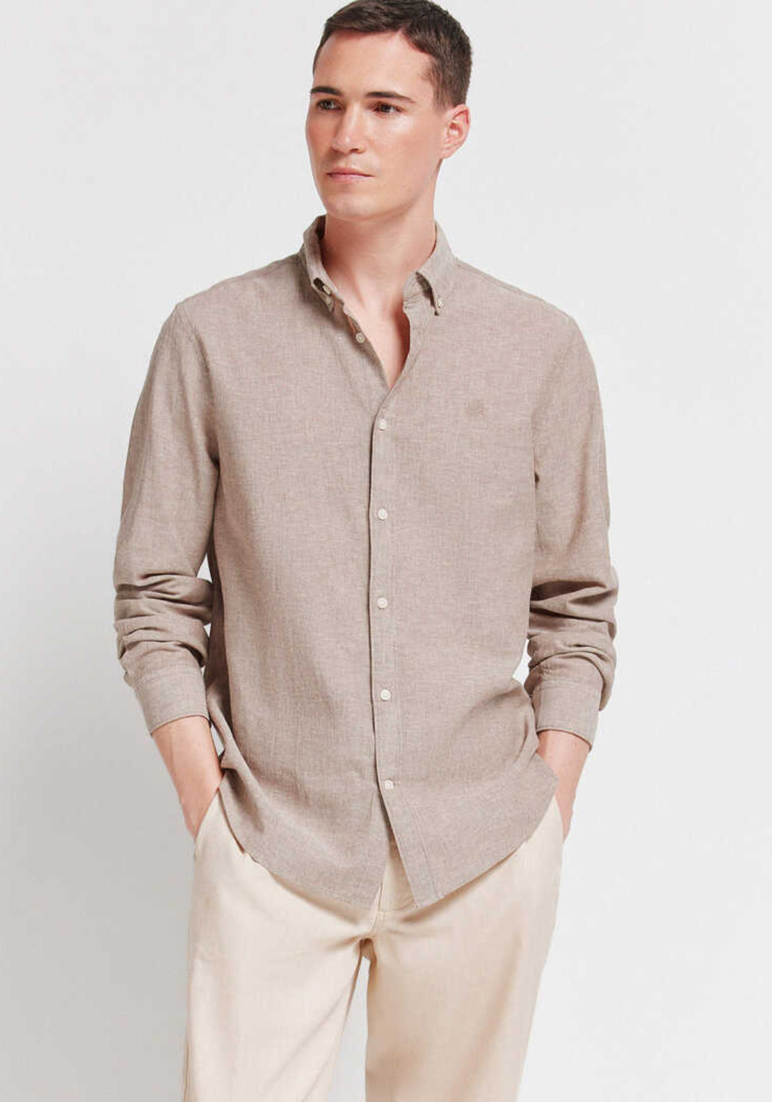 Springfield Regular Cotton Linen Shirt - Beige 1 Shaws Department Stores