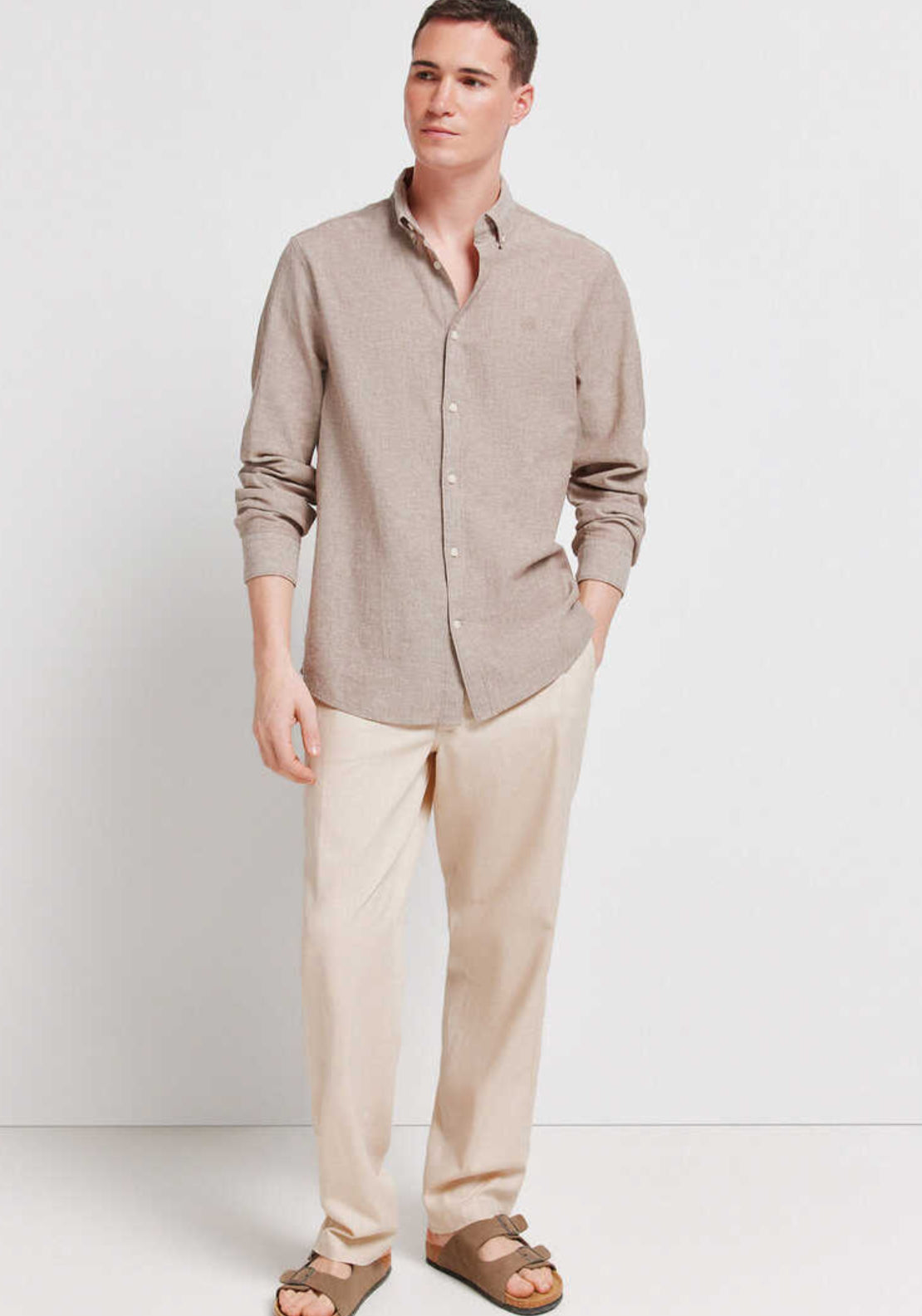 Springfield Regular Cotton Linen Shirt - Beige 4 Shaws Department Stores