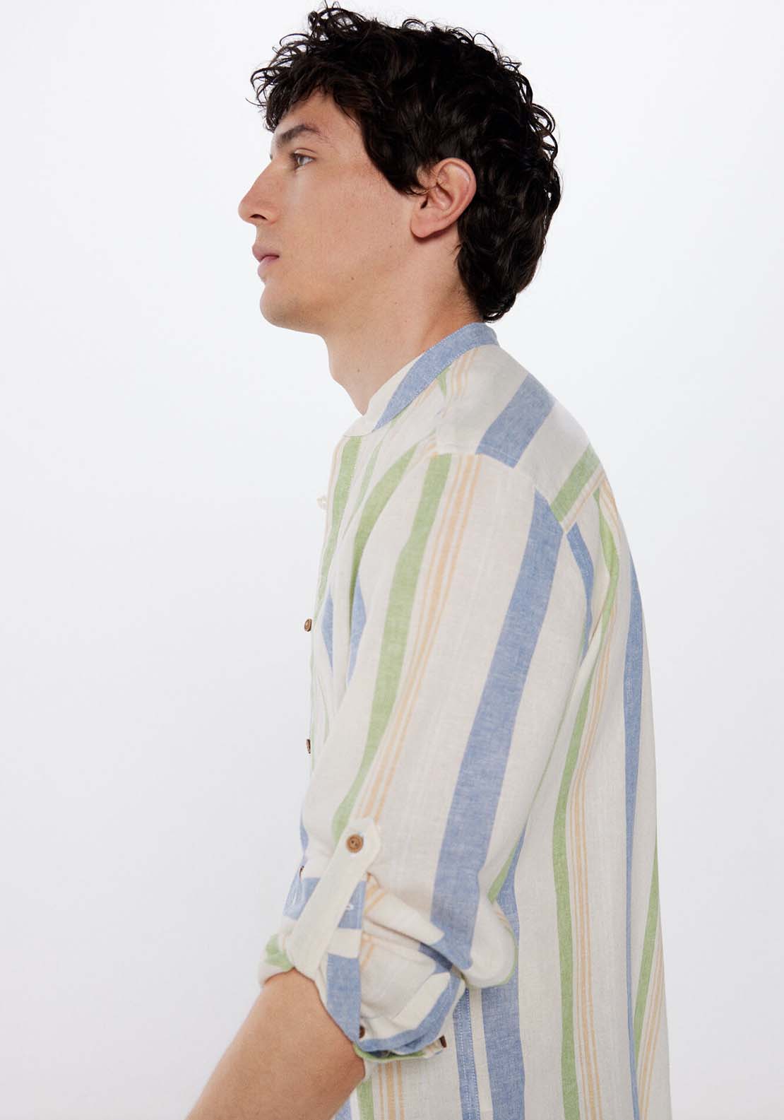 Springfield Striped linen mandarin collar shirt 4 Shaws Department Stores