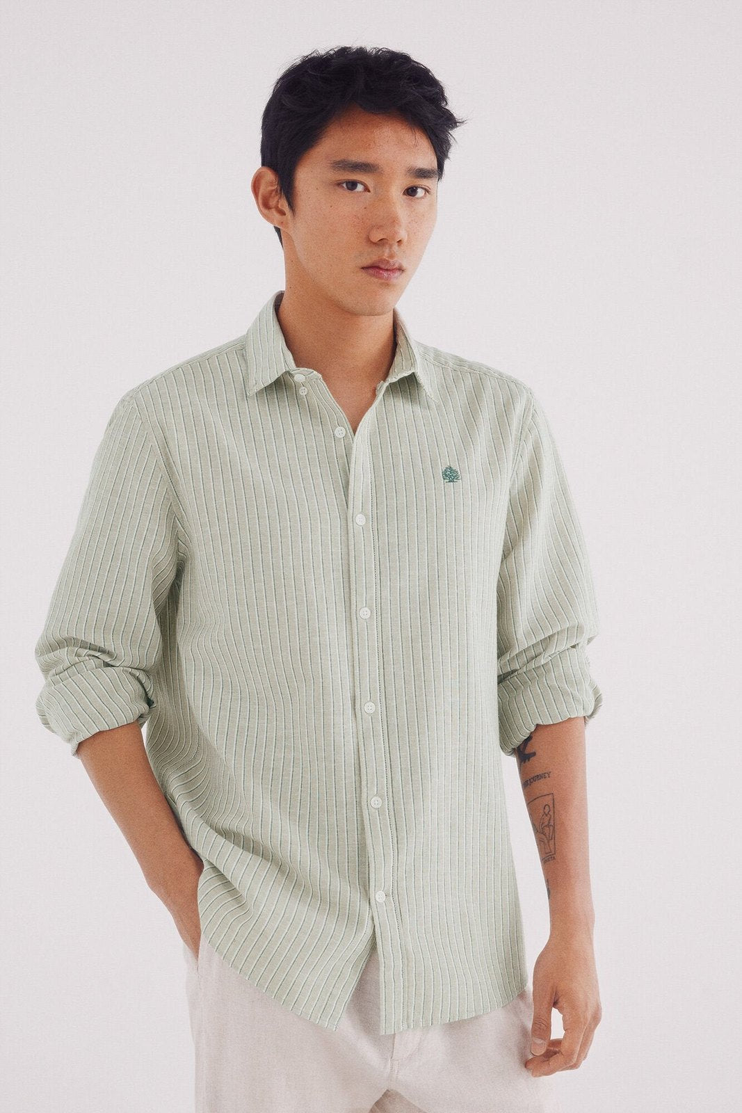 Springfield Striped linen shirt - Green 1 Shaws Department Stores