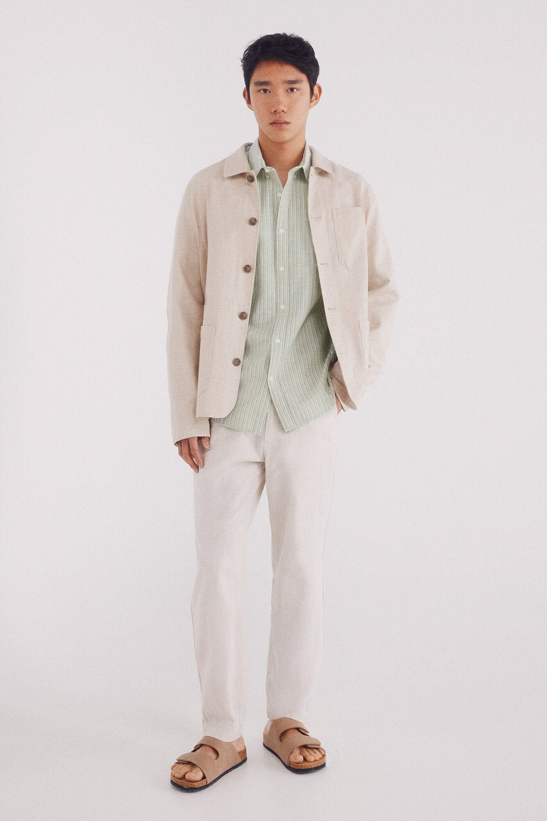 Springfield Striped linen shirt - Green 4 Shaws Department Stores