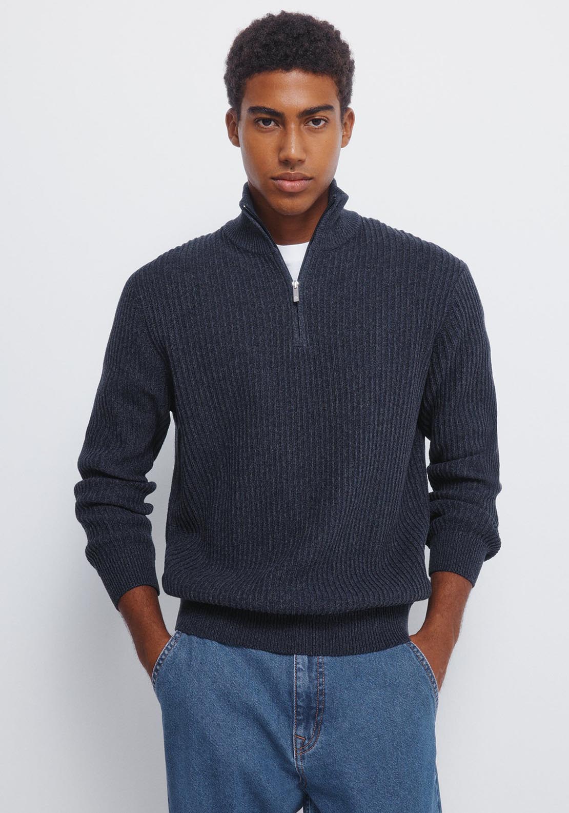 Springfield Ribbed Zip Fastening Jumper - Blue 1 Shaws Department Stores