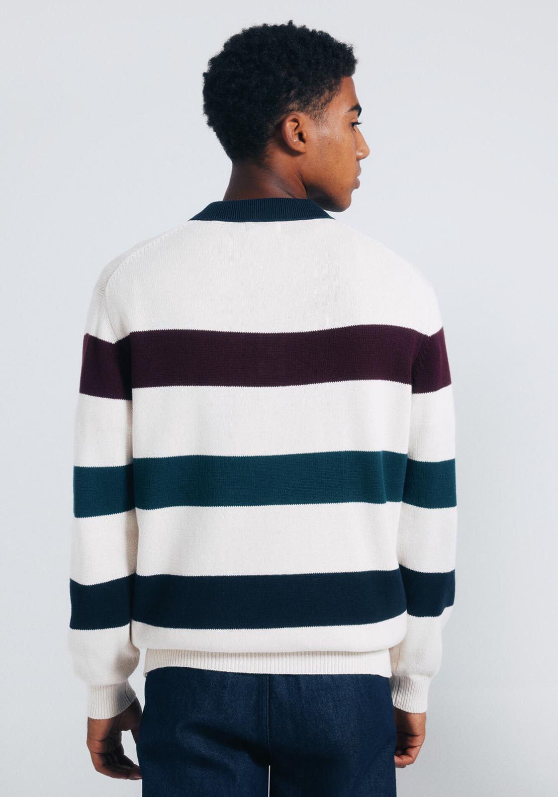 Striped Polo Shirt Neck Jumper - White