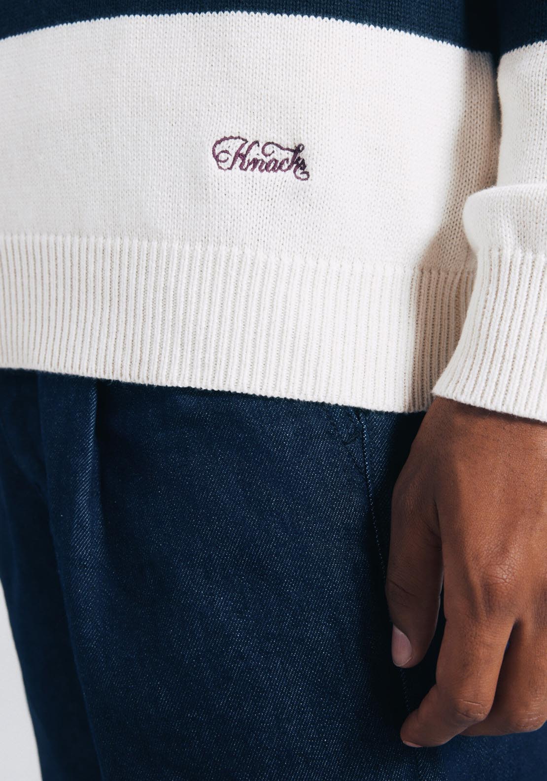 Striped Polo Shirt Neck Jumper - White
