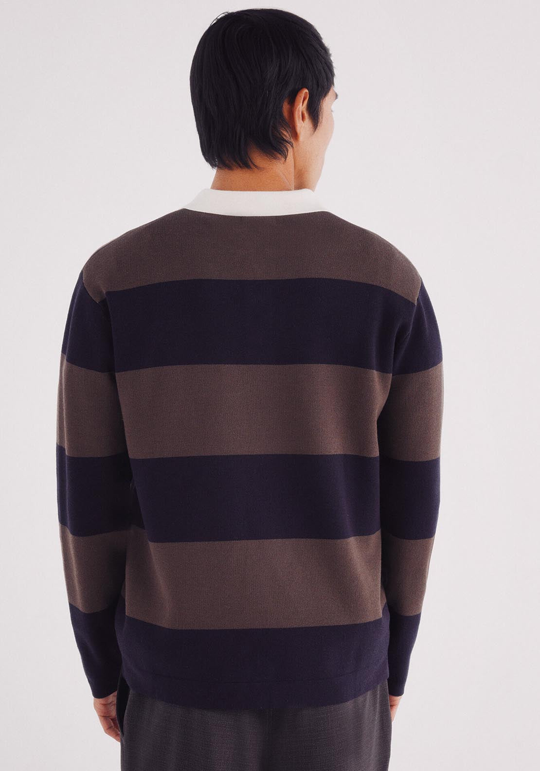 Wide Striped Polo Shirt Sweater - Brown