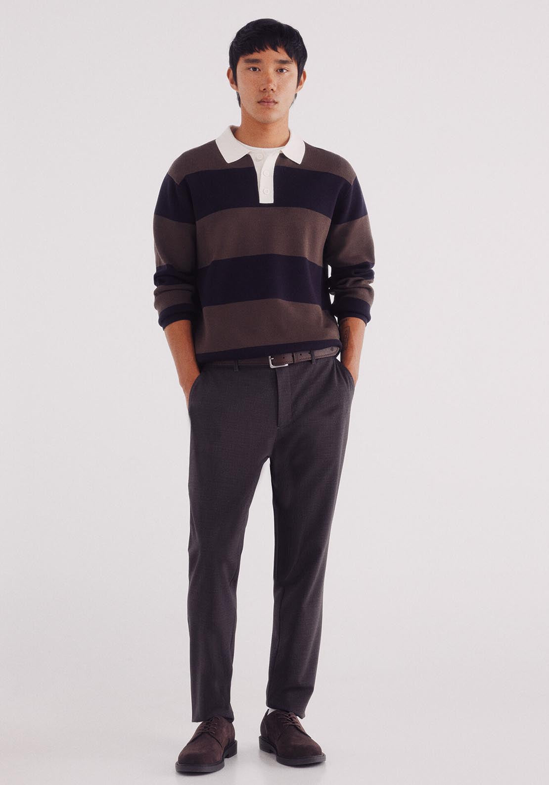 Wide Striped Polo Shirt Sweater - Brown