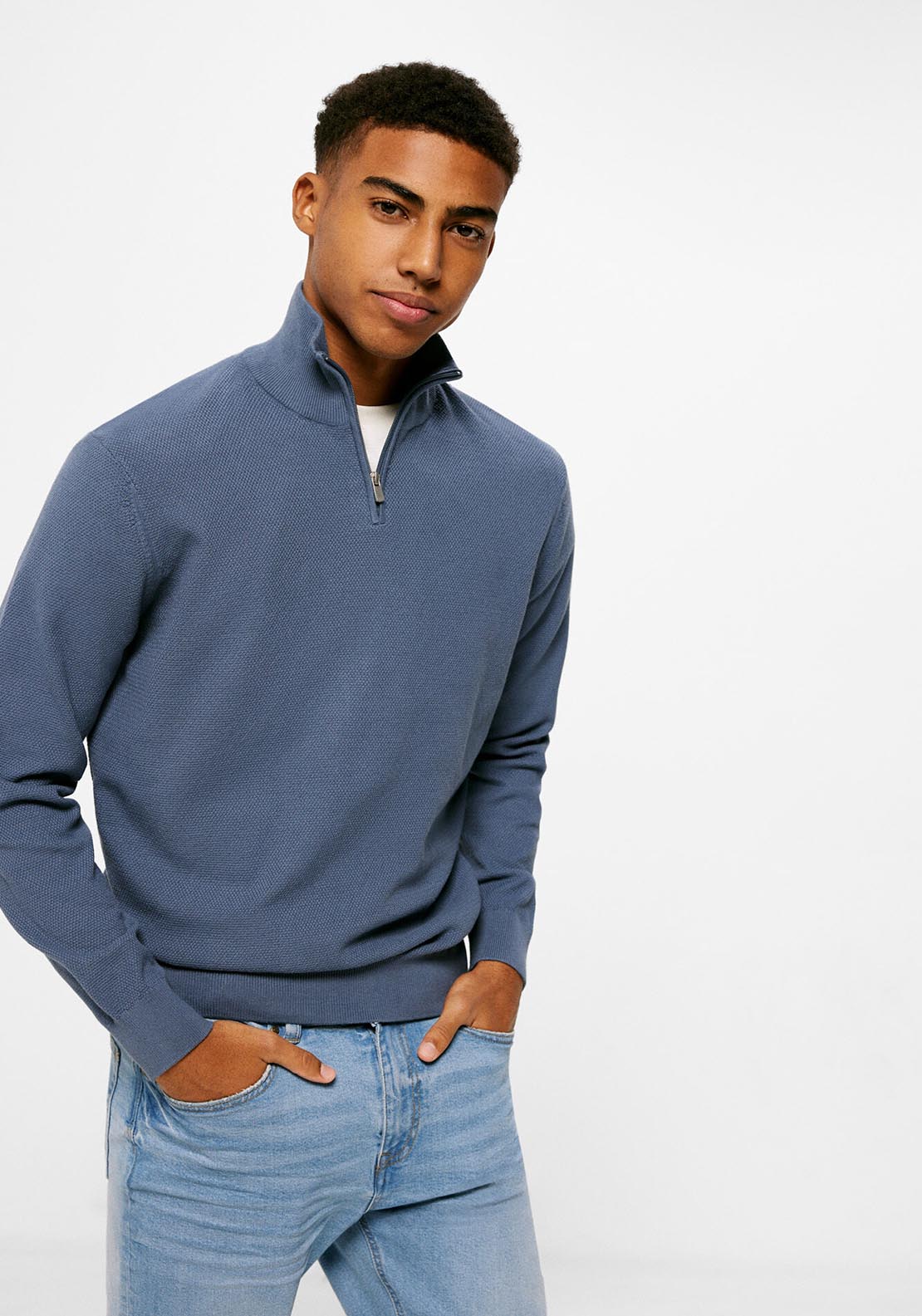 Springfield Structured jumper with zipped collar - Blue 1 Shaws Department Stores