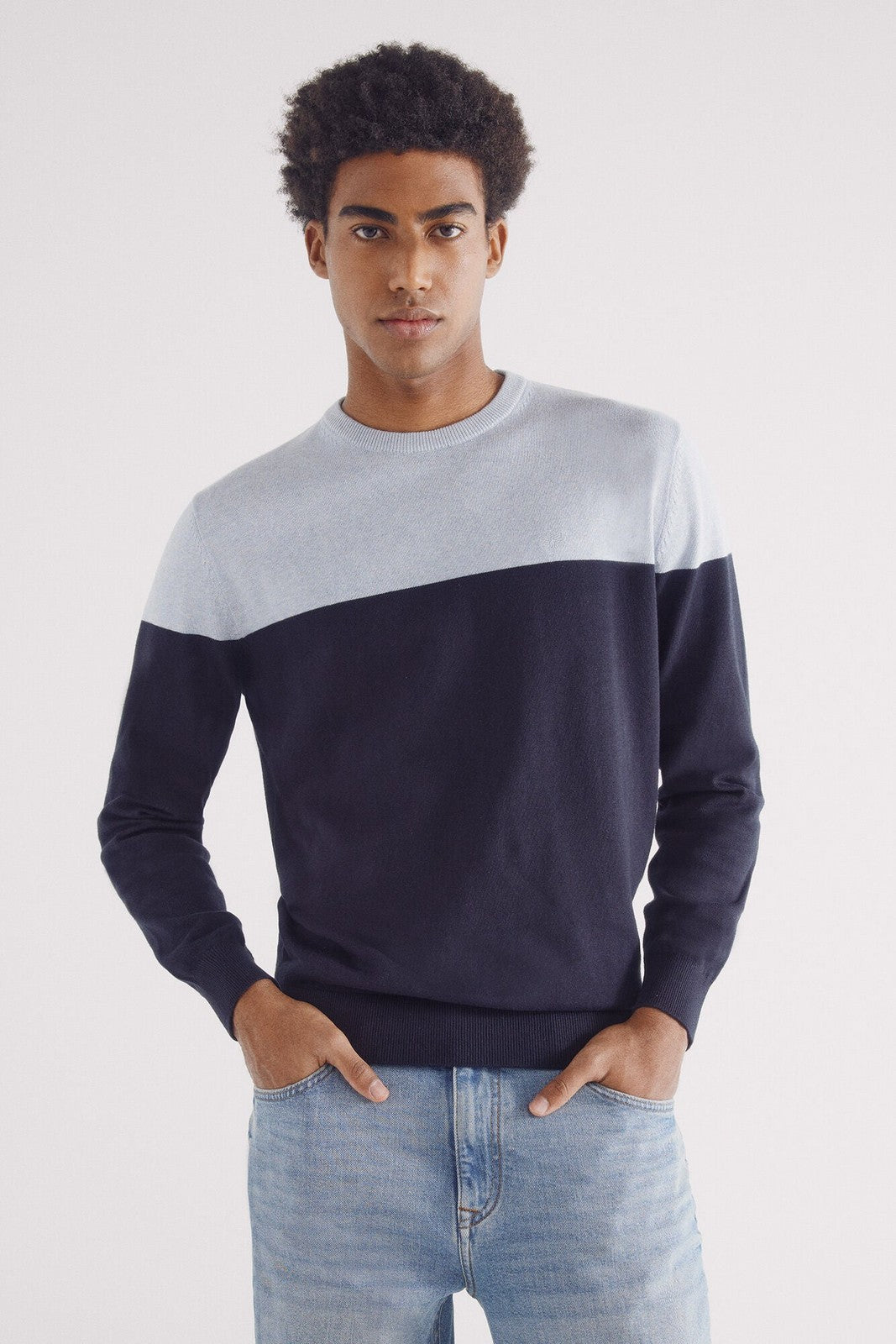 Springfield Basic color block sweater - Navy 1 Shaws Department Stores