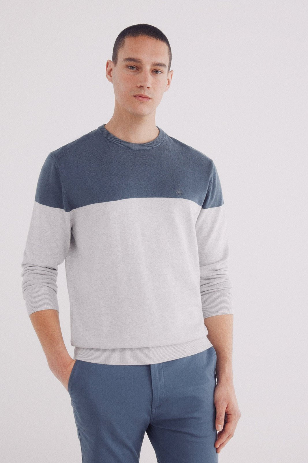 Springfield Basic color block sweater - Blue 1 Shaws Department Stores