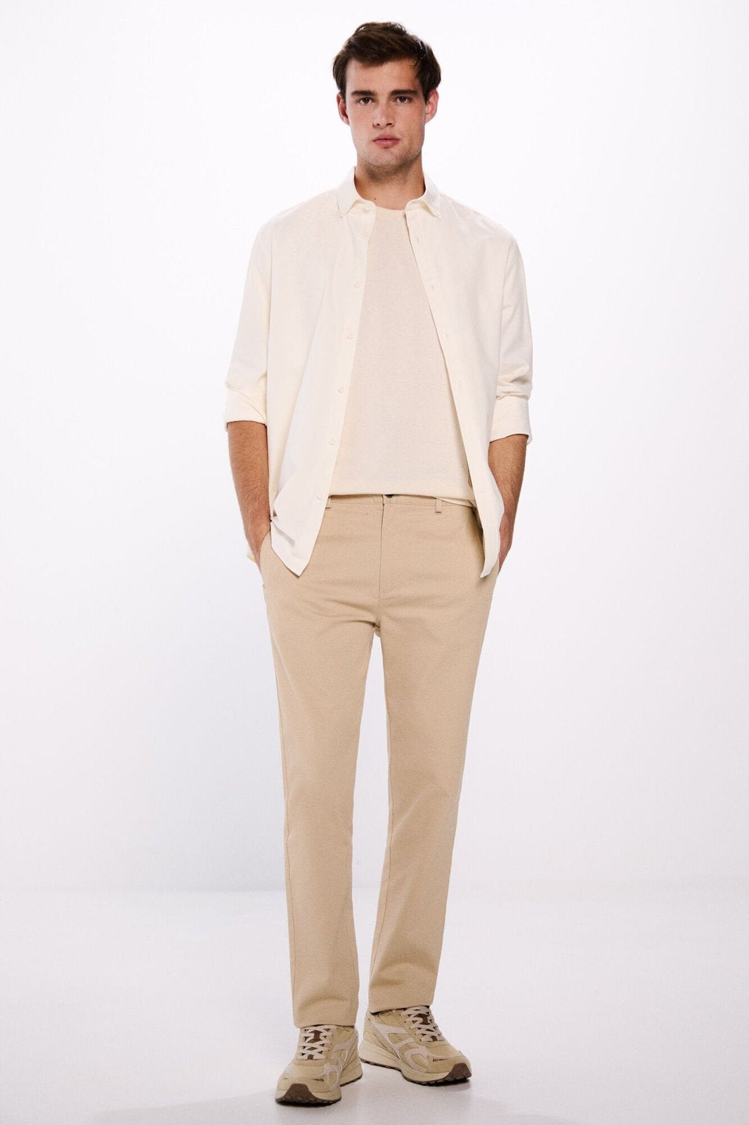 Springfield Slim fit microstructure trousers - Beige 1 Shaws Department Stores